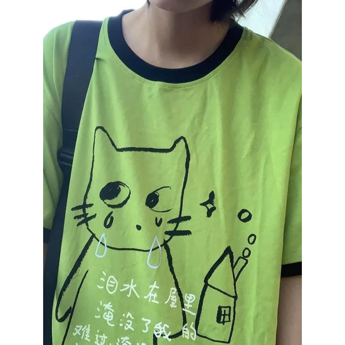 Green Harajuku Cat Print T-Shirt – Y2K Fairycore Grunge Tee