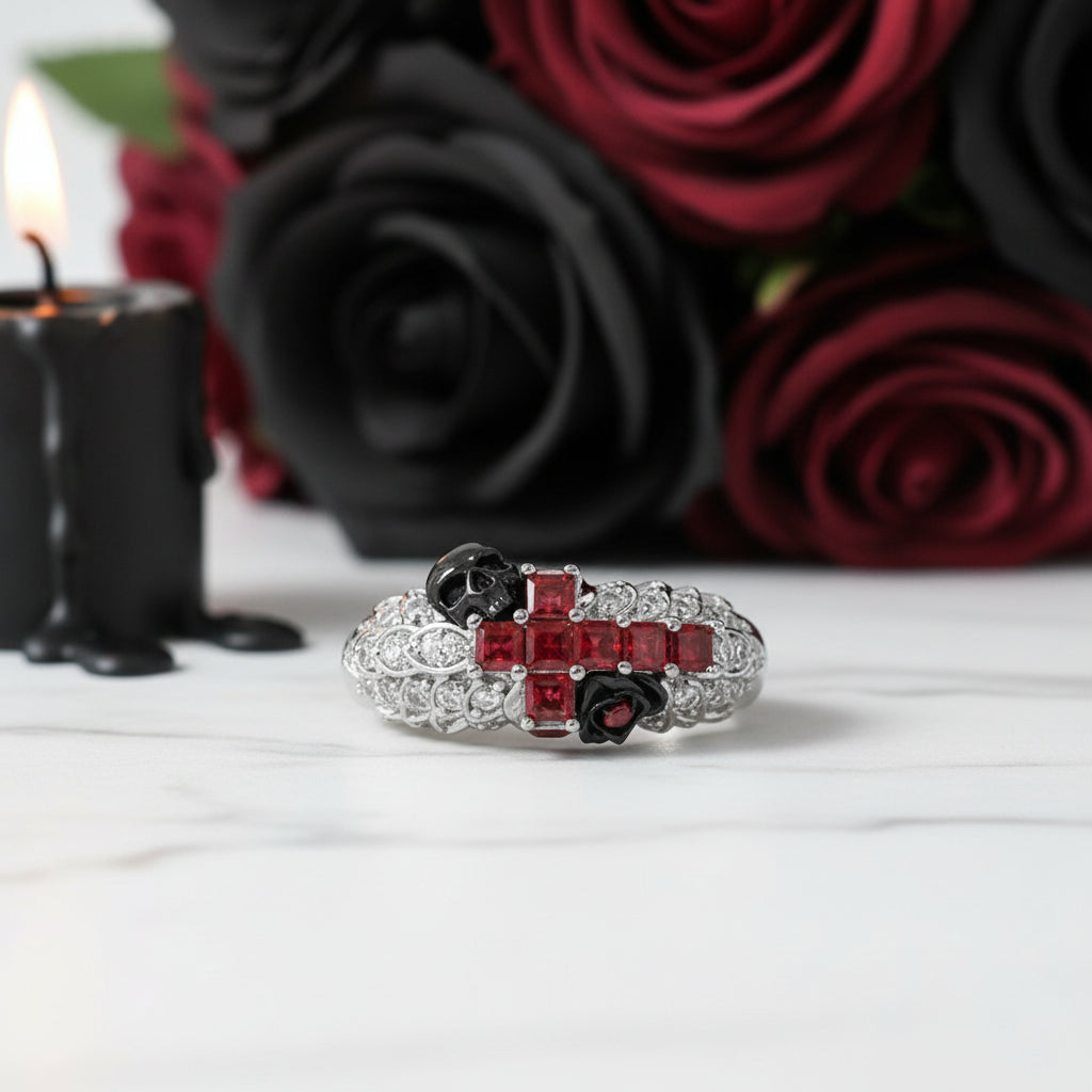 You're My Life- 14K Gold Skull, Cross Black Rose Diamond Gothic Promise Ring