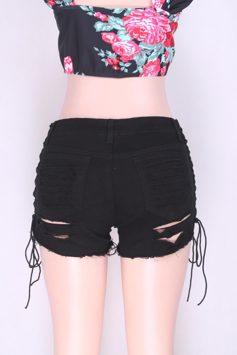 Color Hollow Fashion Jeans Bandage Side Shorts