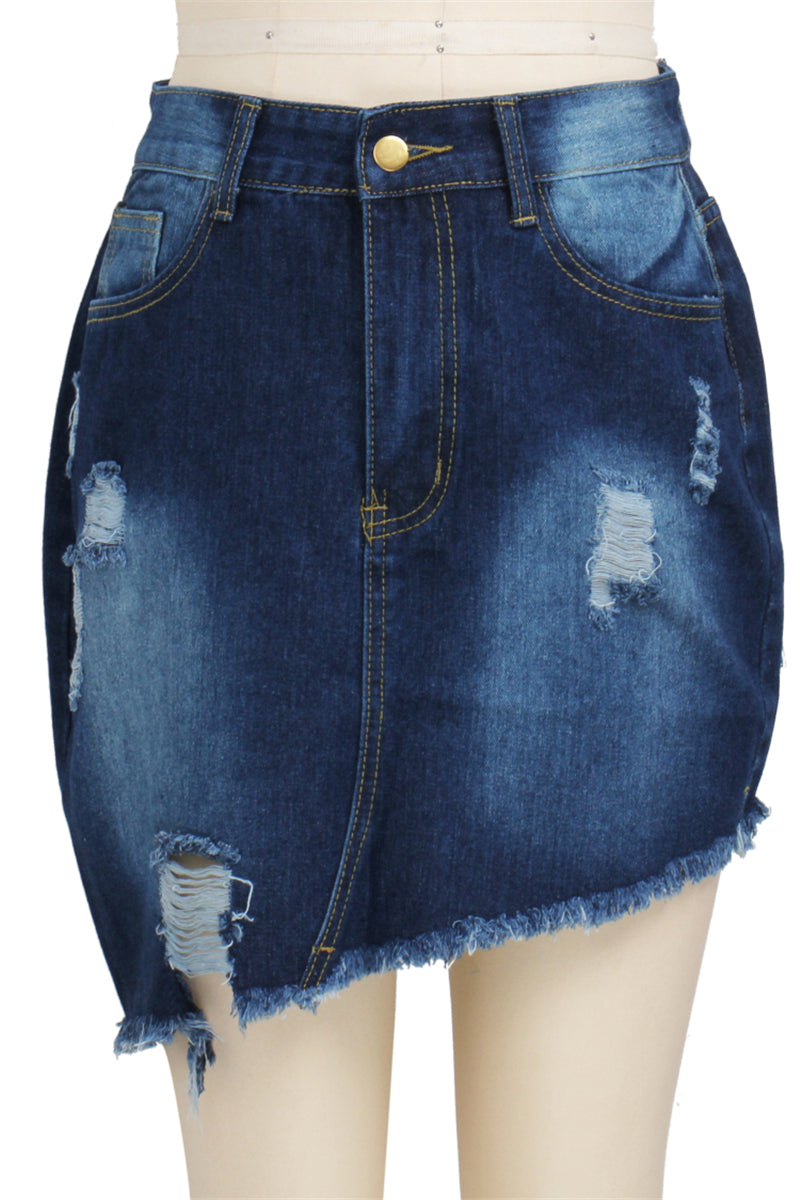 Inelastic solid color summer high waist irregular denim skirt