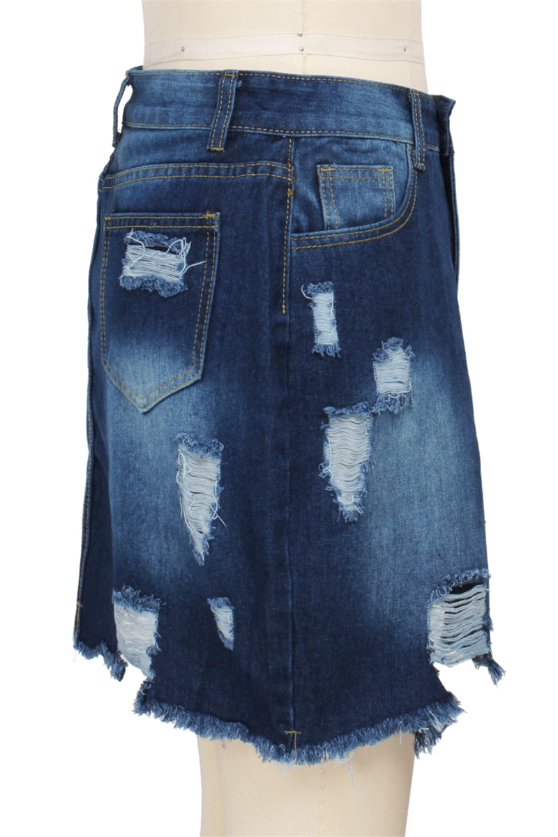 Inelastic solid color summer high waist irregular denim skirt