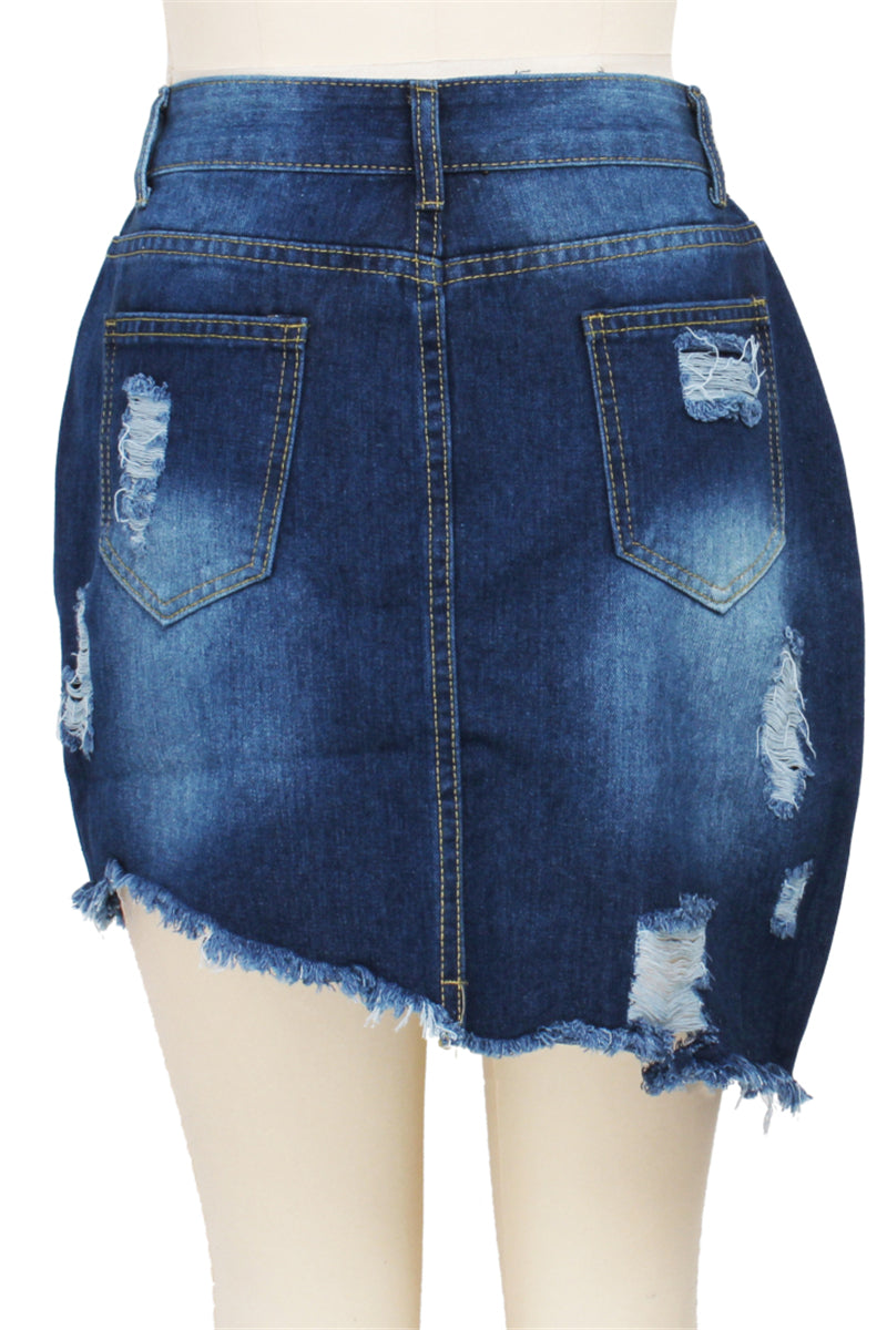 Inelastic solid color summer high waist irregular denim skirt