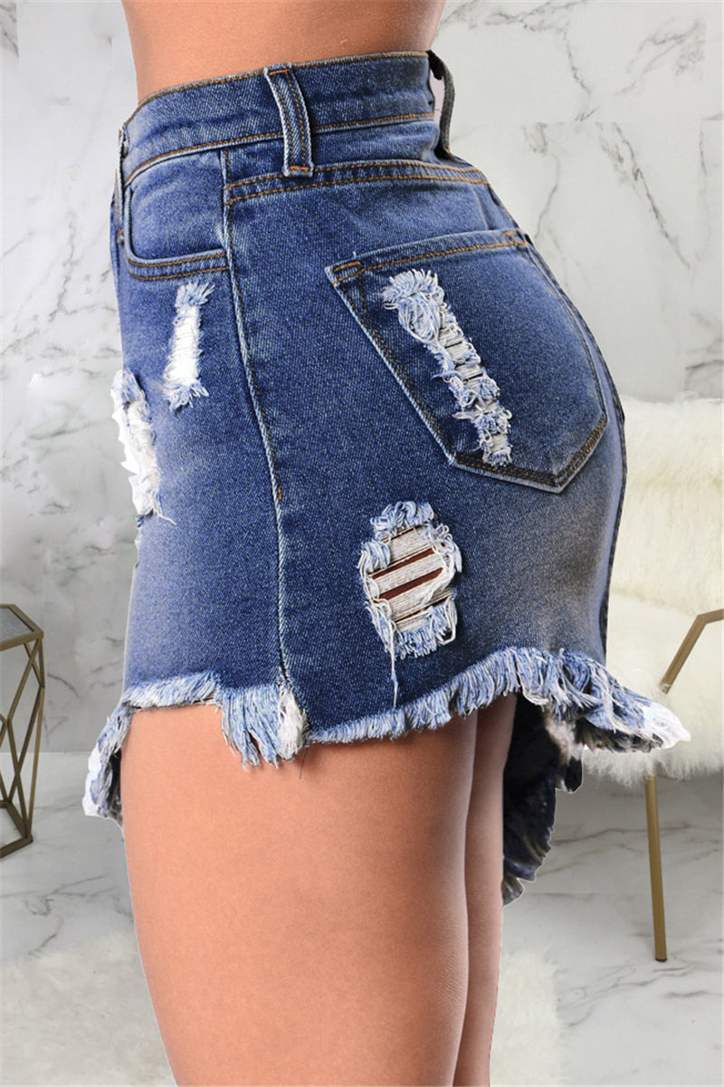 Inelastic solid color summer high waist irregular denim skirt