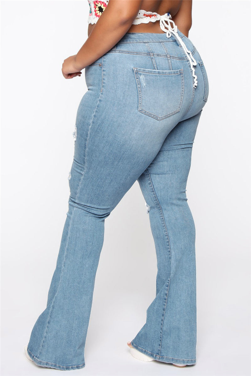 Solid color autumn zip-up holes button stretch all-match flare jeans