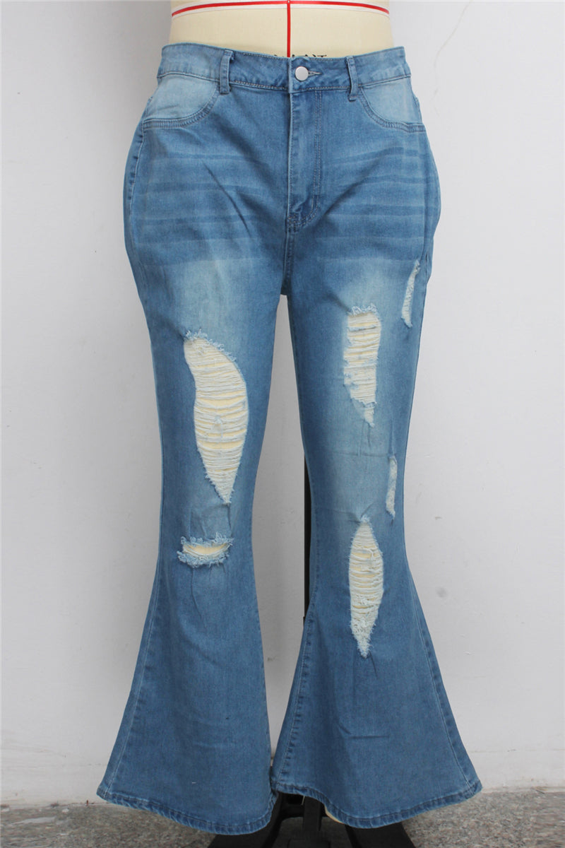 Solid color autumn zip-up holes button stretch all-match flare jeans