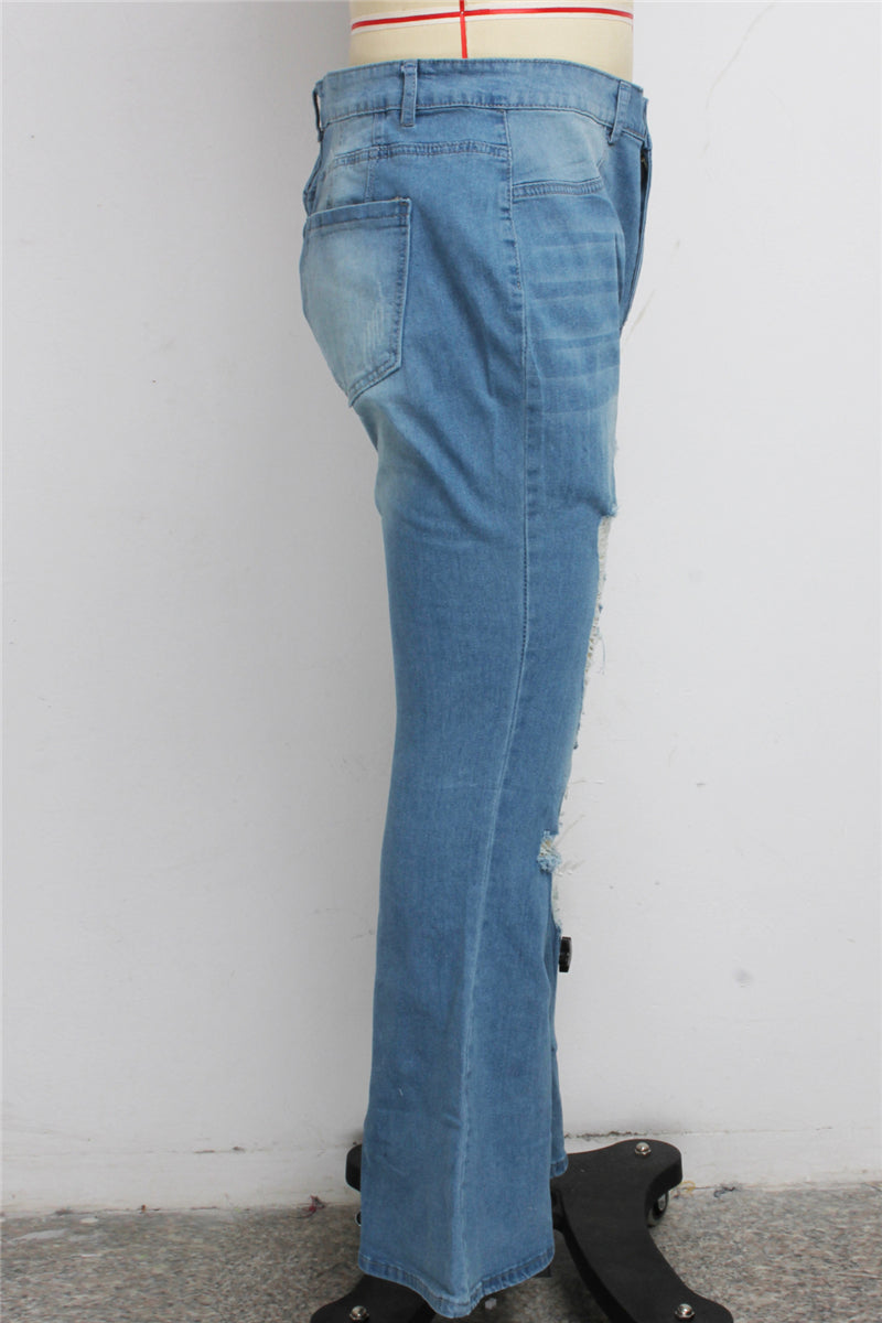 Solid color autumn zip-up holes button stretch all-match flare jeans
