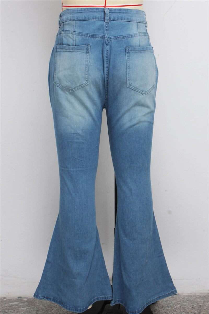 Solid color autumn zip-up holes button stretch all-match flare jeans