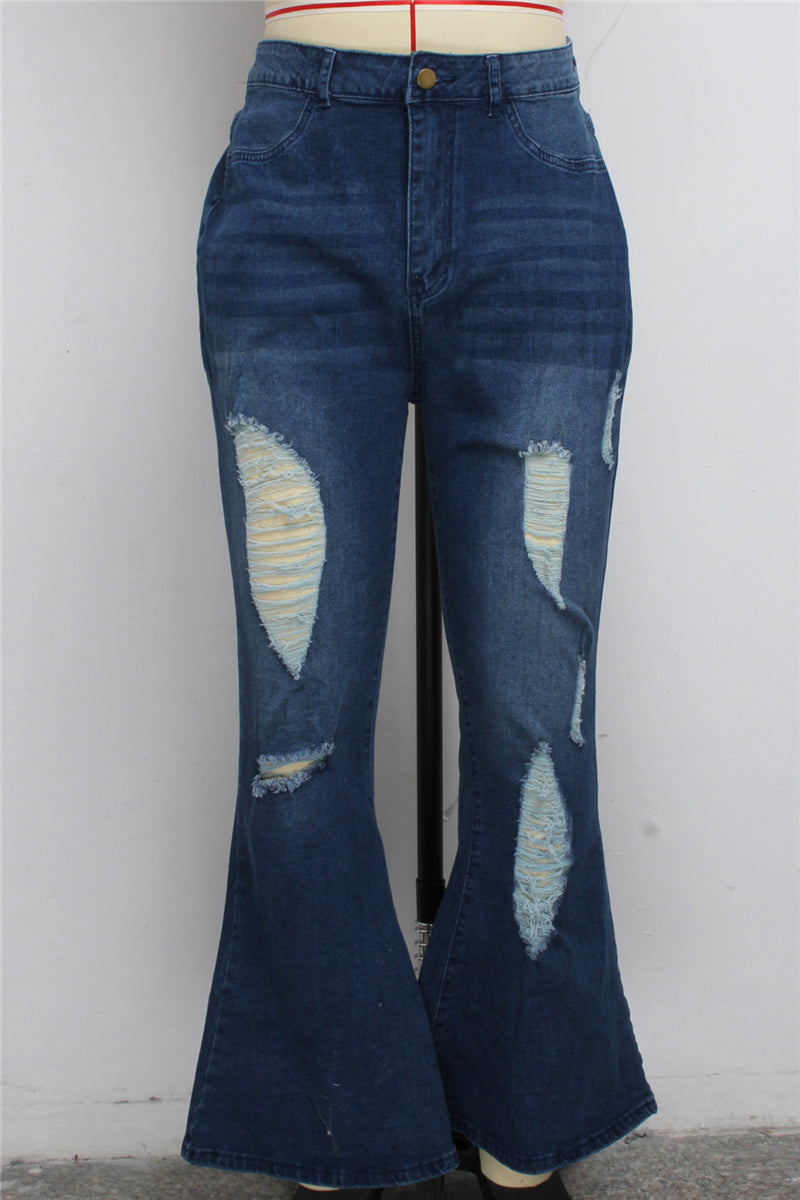 Solid color autumn zip-up holes button stretch all-match flare jeans