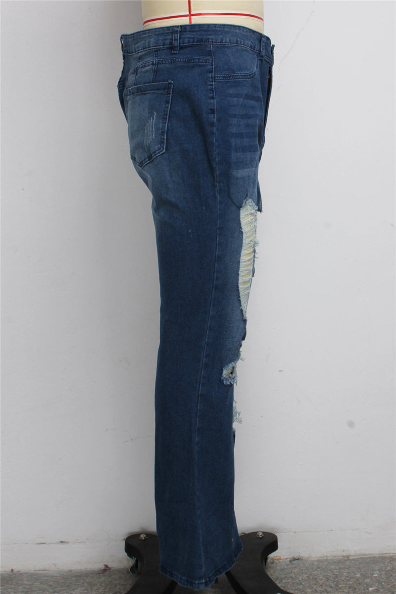Solid color autumn zip-up holes button stretch all-match flare jeans