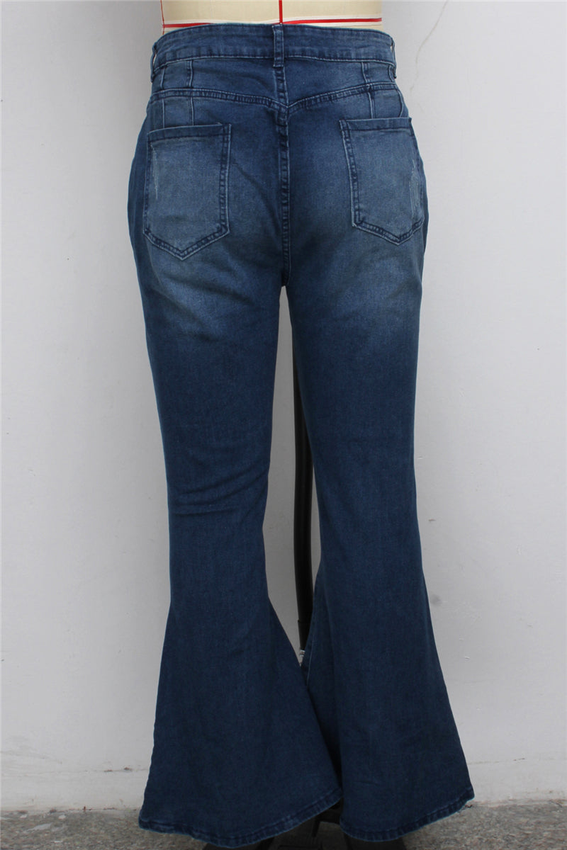 Solid color autumn zip-up holes button stretch all-match flare jeans