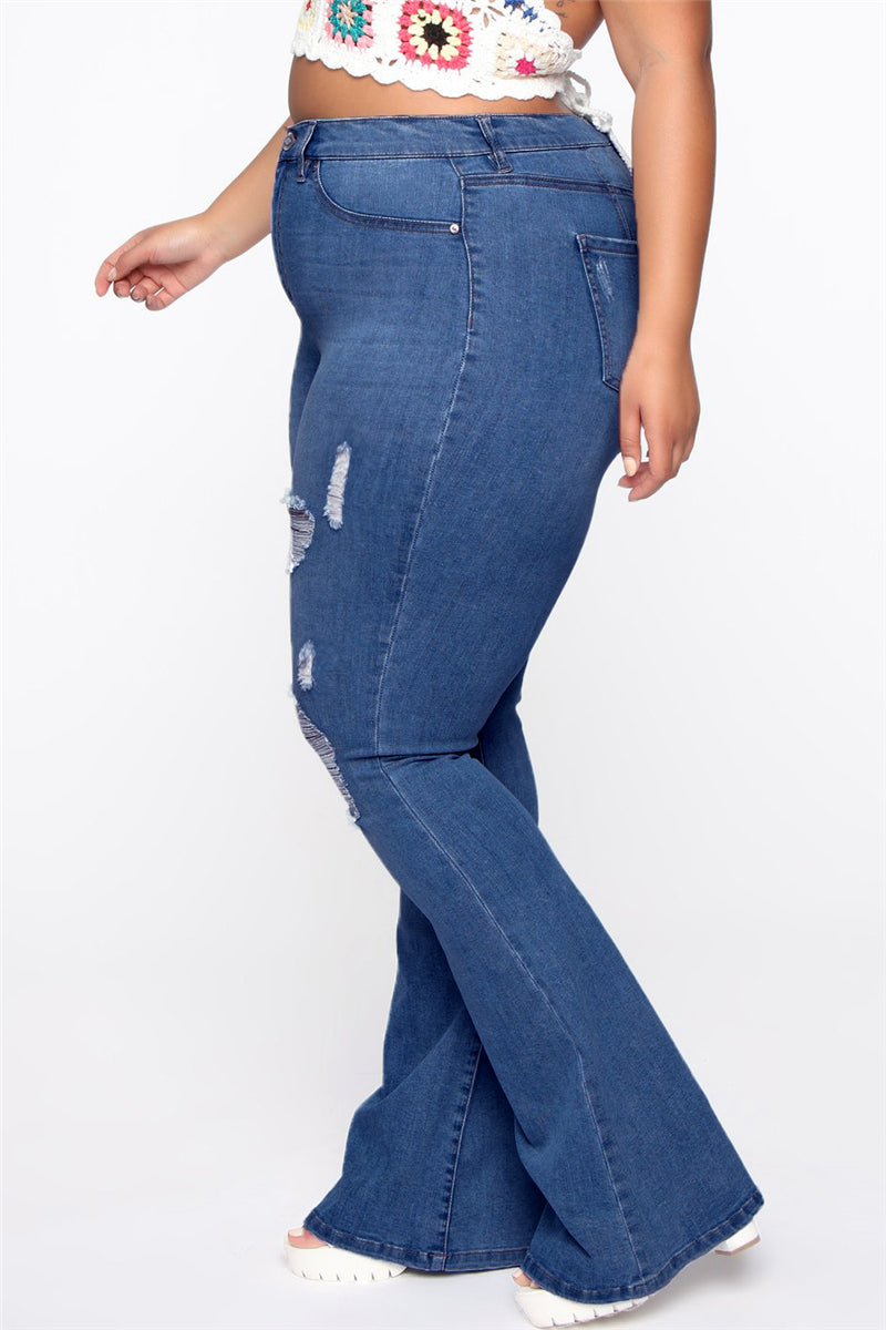 Solid color autumn zip-up holes button stretch all-match flare jeans