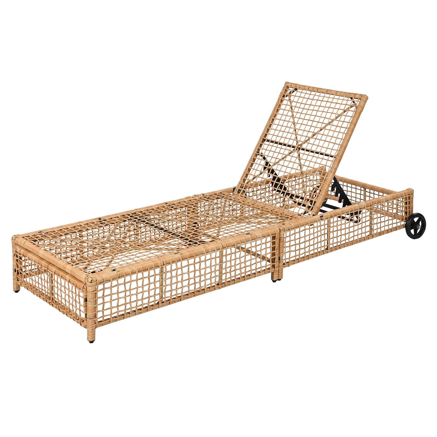 Outdoor Lounge Chair, Patio Chaise Lounge with 5-Position Backrest, Rattan Outdoor Lounge Chair with Cushion and Wheels for Poolside, Backyard, Garden