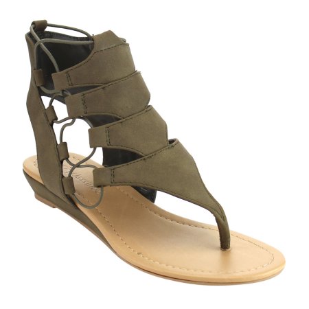 Dartina: Elastic Lace Side Zipper Backless Wedge Sandal in Olive Green