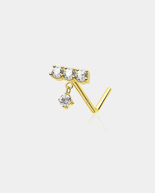 14K Gold Straight CZ Row L-Shaped Nose Stud