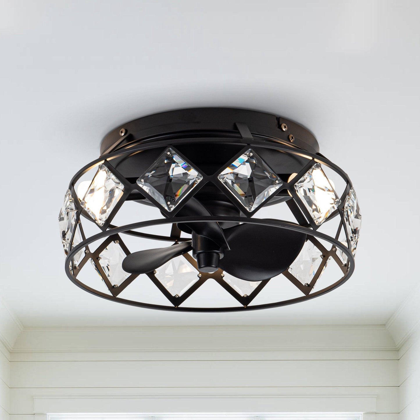13" Srinager Modern DC Motor Flush Mount Reversible Crystal Ceiling Fan with Lighting and Remote Control