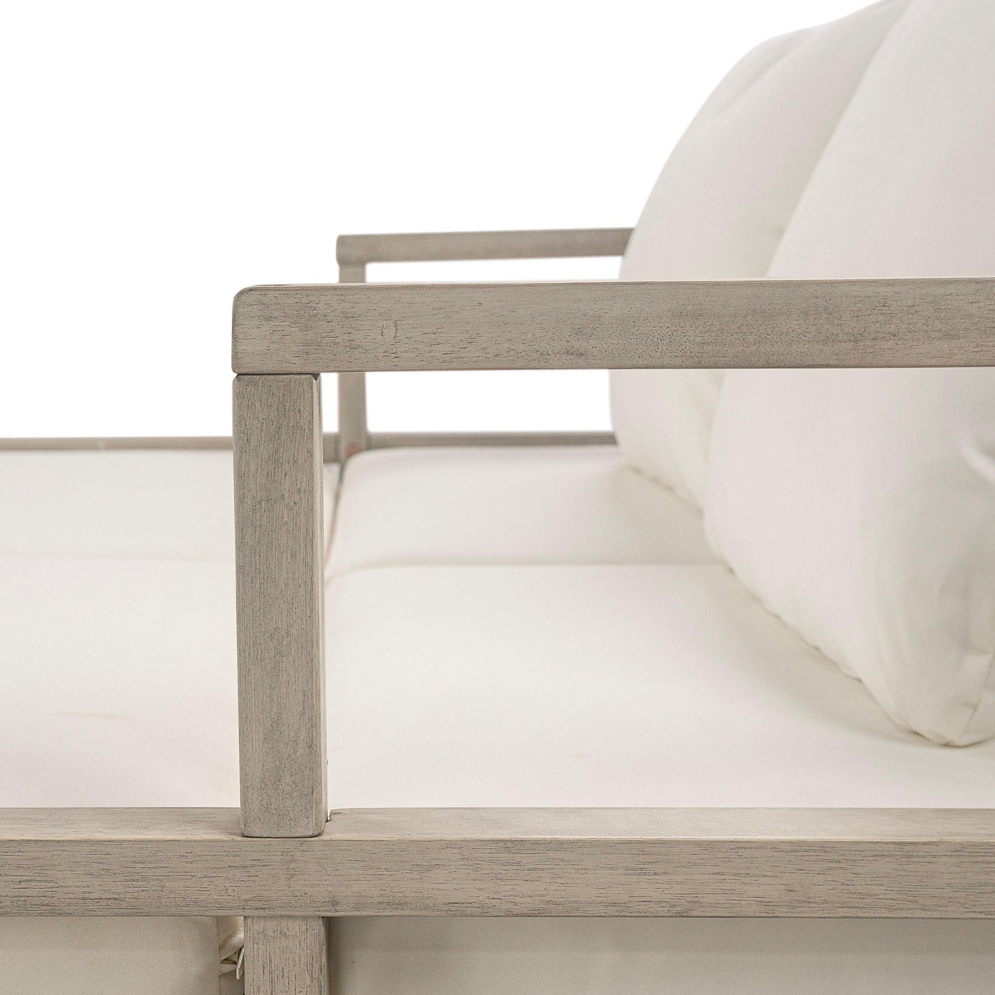 Outdoor Daybed, Patio Daybed with Four Pillows, Wooden Outdoor Bed with Curved Armrests for Poolside, Backyard, Garden