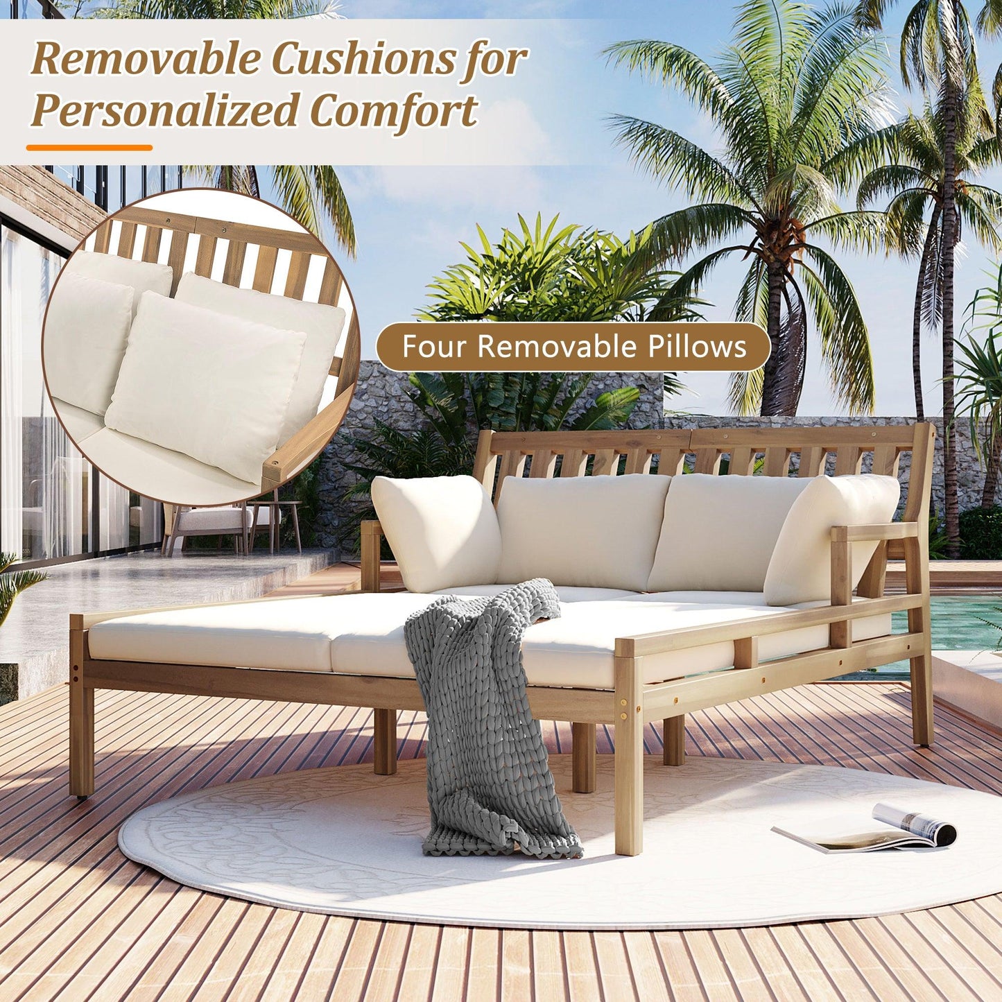 Outdoor Daybed, Patio Daybed with Four Pillows, Wooden Outdoor Bed with Curved Armrests for Poolside, Backyard, Garden