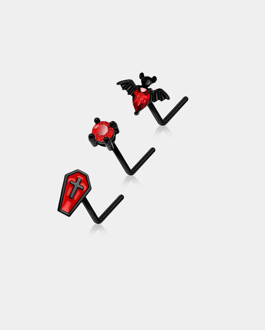 3PCS Coffin and Bat Halloween Nose Stud Set