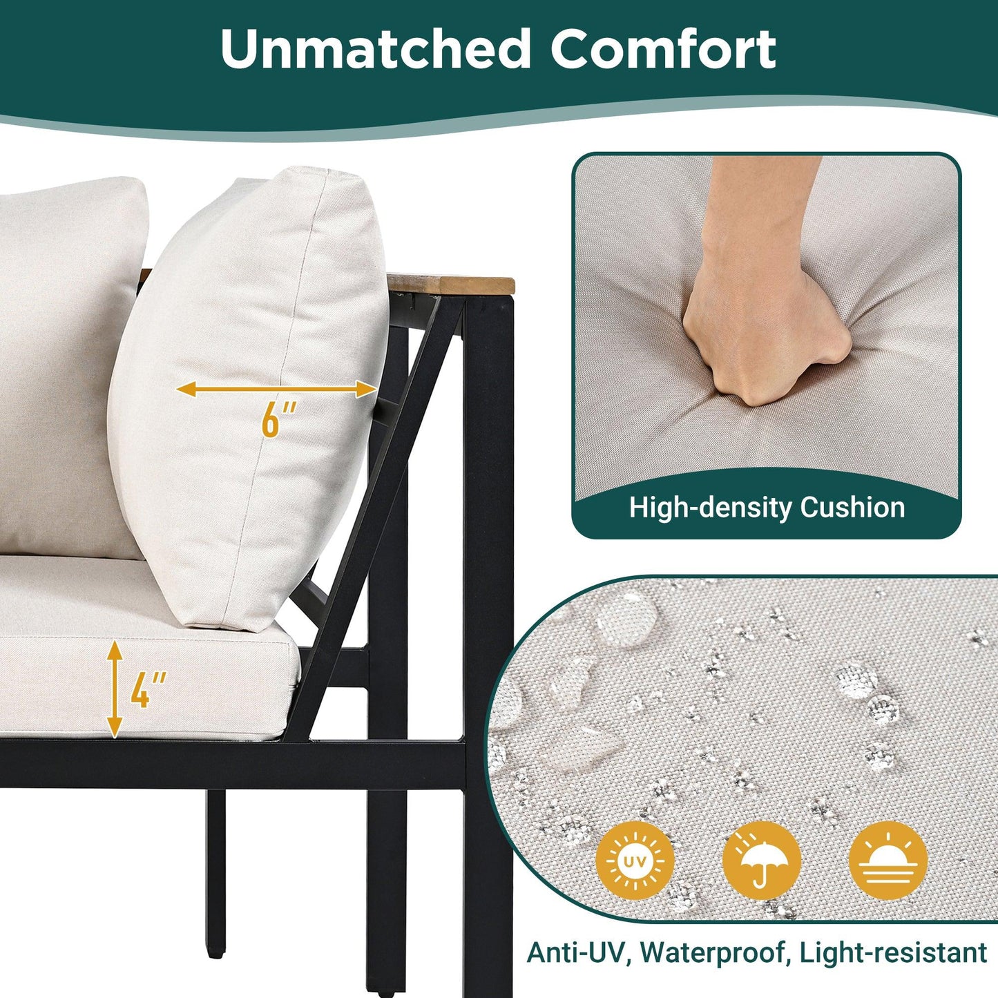 Patio Furniture Set with Loveseats, 4 Pieces Outdoor Sofa Set with Waterproof Cushions, Durable Iron-Wood Design for Garden, Backyard, Poolside