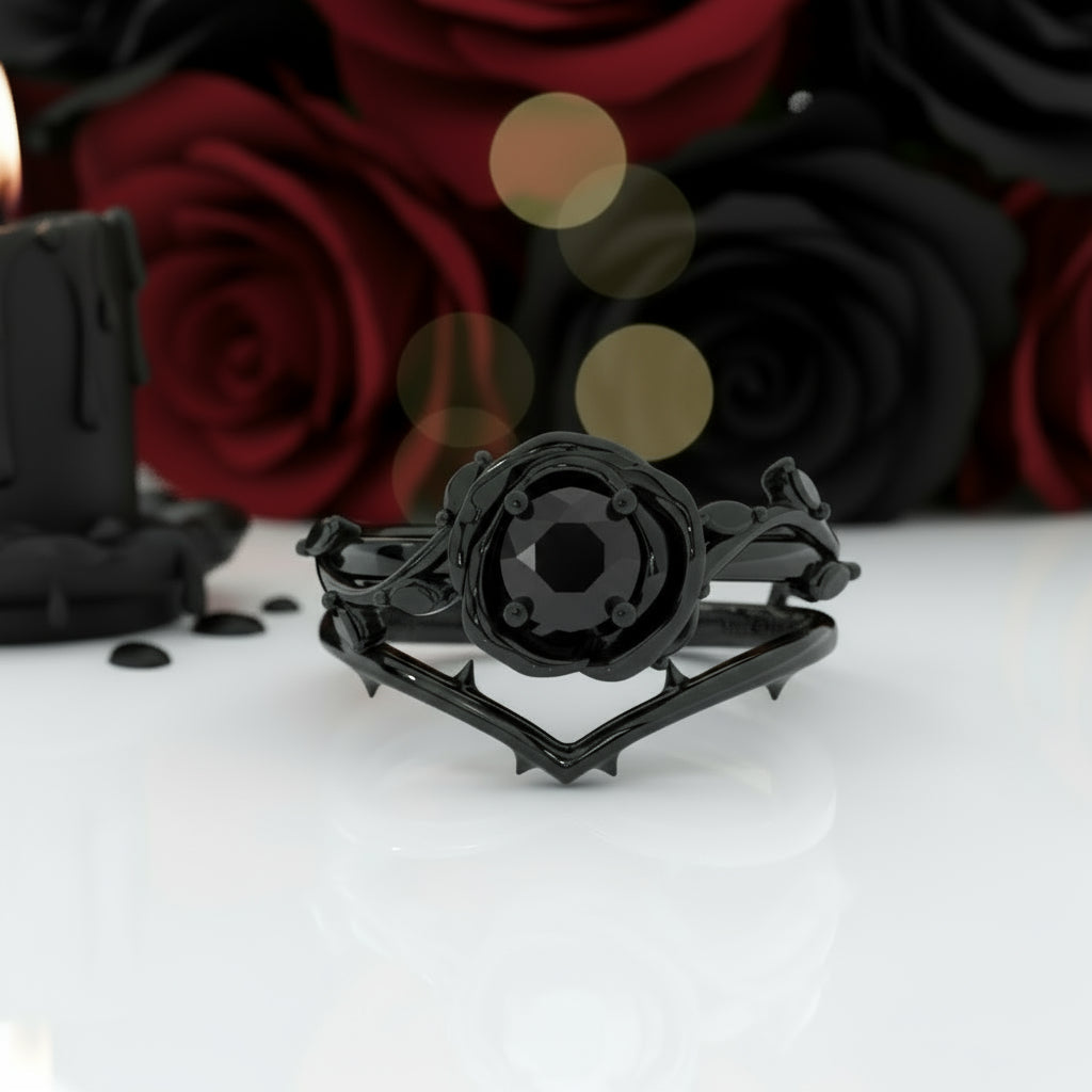 Black Rose- .50ct Round Cut Diamond 14k Gold Modern Goth Engagement Ring