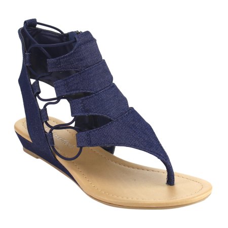 Dartina: Elastic Lace Side Zipper Backless Wedge Sandal in Denim Blue
