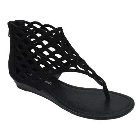 Direst: Thongs Cut Out Gladiator Short Heel Back Zipper Sandal in Black
