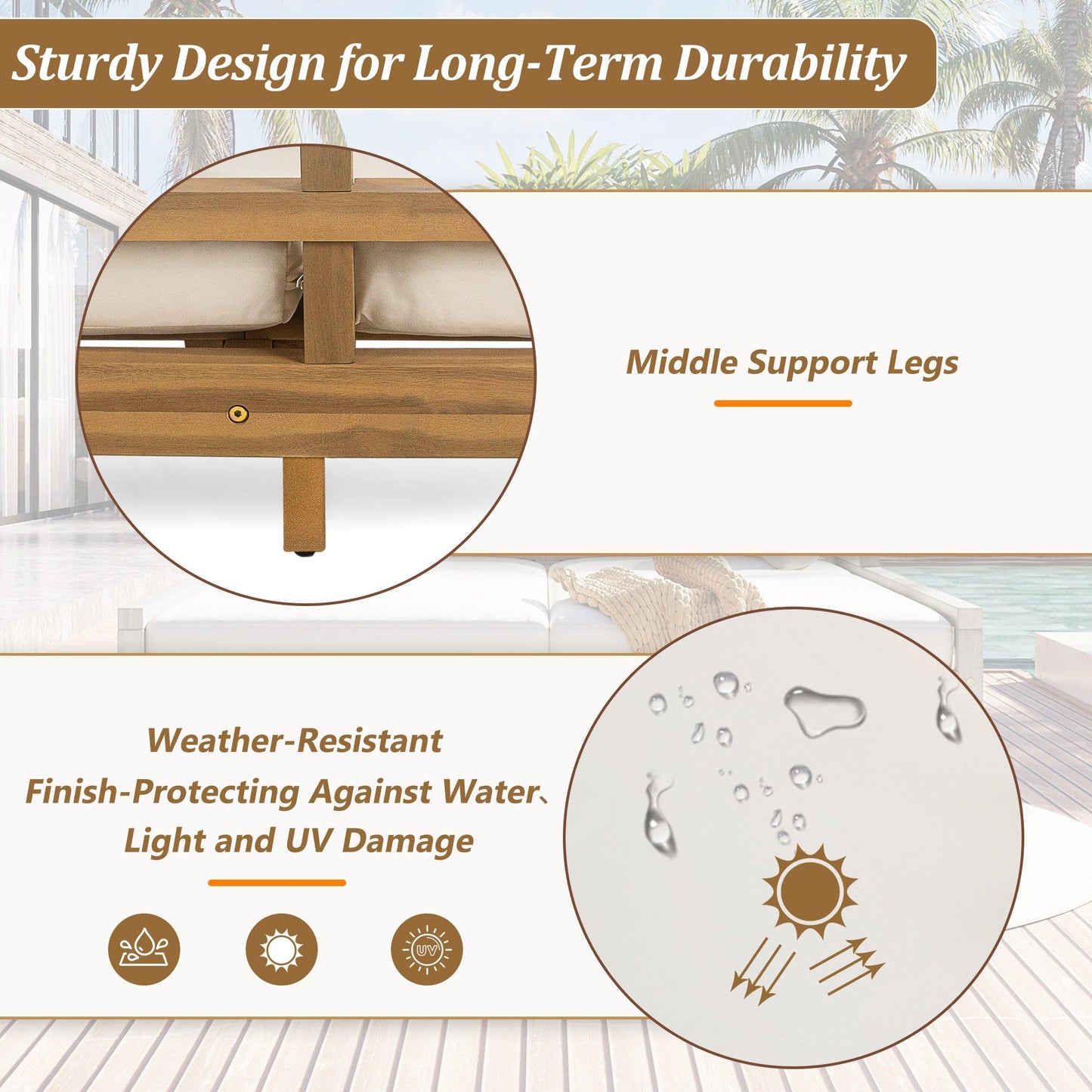 Outdoor Daybed, Patio Daybed with Four Pillows, Wooden Outdoor Bed with Curved Armrests for Poolside, Backyard, Garden