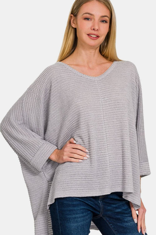 Chic comfort: Zenana waffle knit v-neck long sleeve top with slit detail