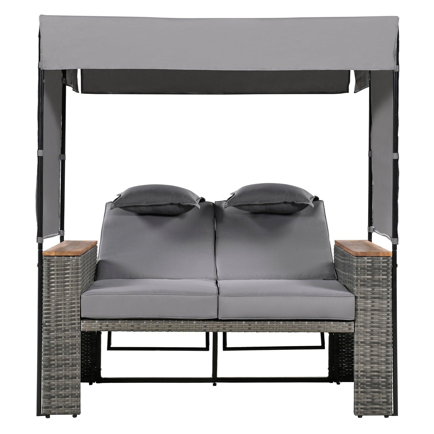 2-Piece Outdoor Rattan Daybed with Bench Lounge Roof Set and Cushions for Poolside, Backyard and Garden