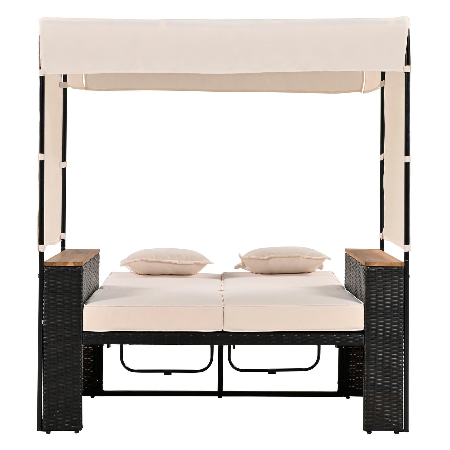 2-Piece Outdoor Rattan Daybed with Bench Lounge Roof Set and Cushions for Poolside, Backyard and Garden