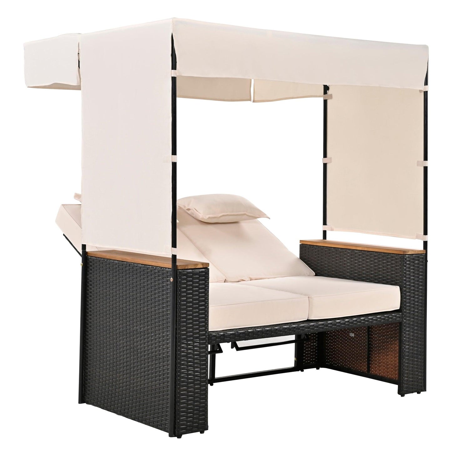 2-Piece Outdoor Rattan Daybed with Bench Lounge Roof Set and Cushions for Poolside, Backyard and Garden