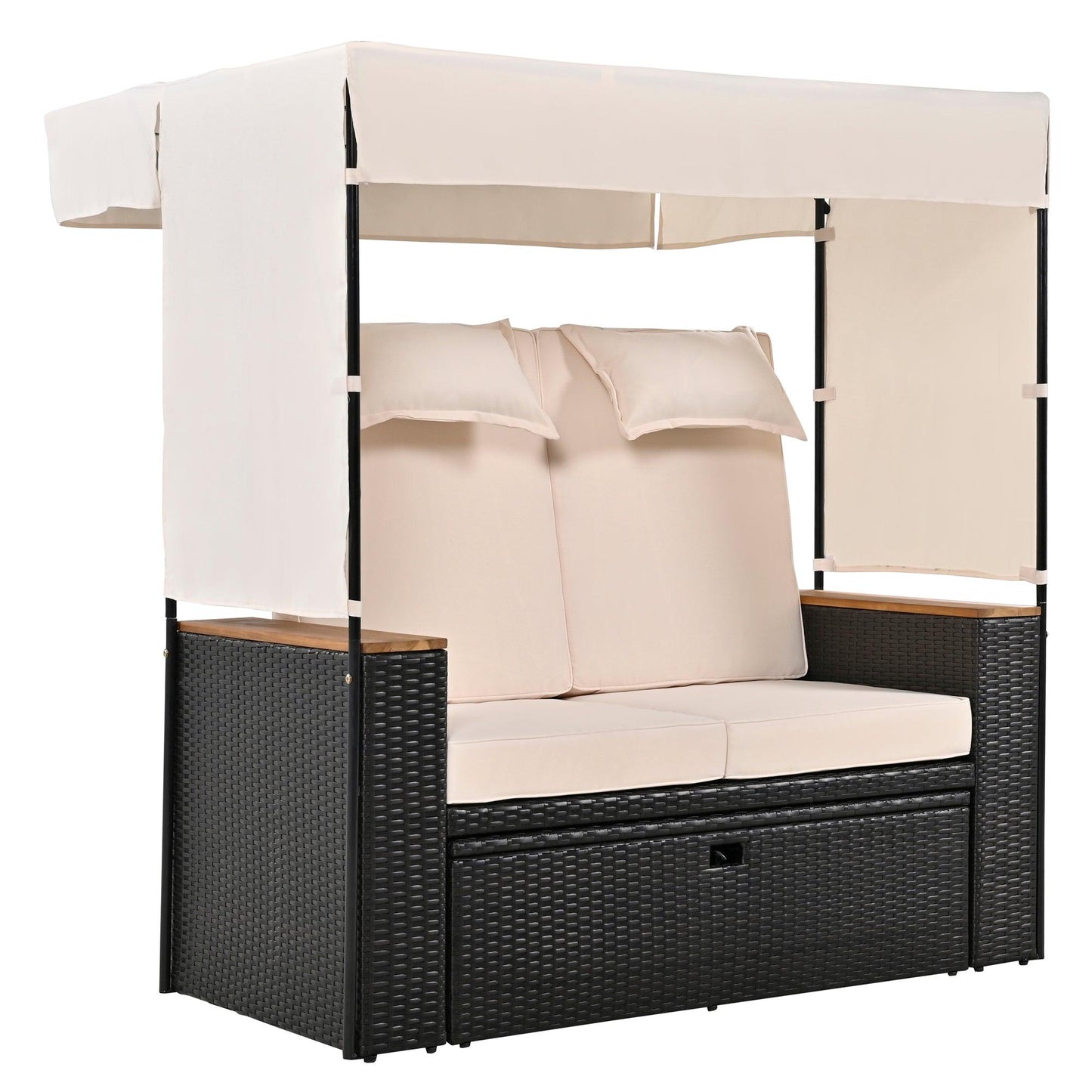 2-Piece Outdoor Rattan Daybed with Bench Lounge Roof Set and Cushions for Poolside, Backyard and Garden