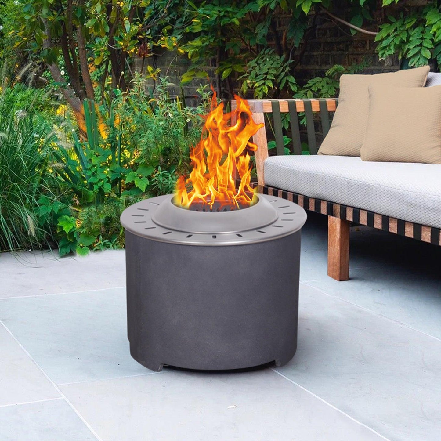 Dark Grey Faux Concrete Texture Smokeless Firepit with Wood Pellet/Twig/Wood as The Fuel for Garden & Outdoor