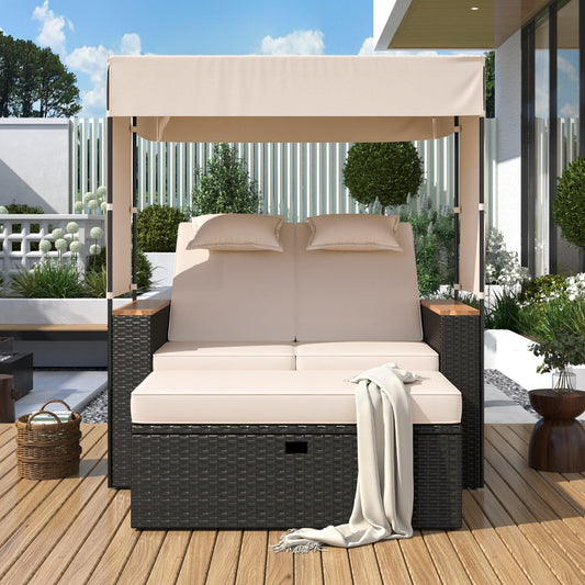 2-Piece Outdoor Rattan Daybed with Bench Lounge Roof Set and Cushions for Poolside, Backyard and Garden