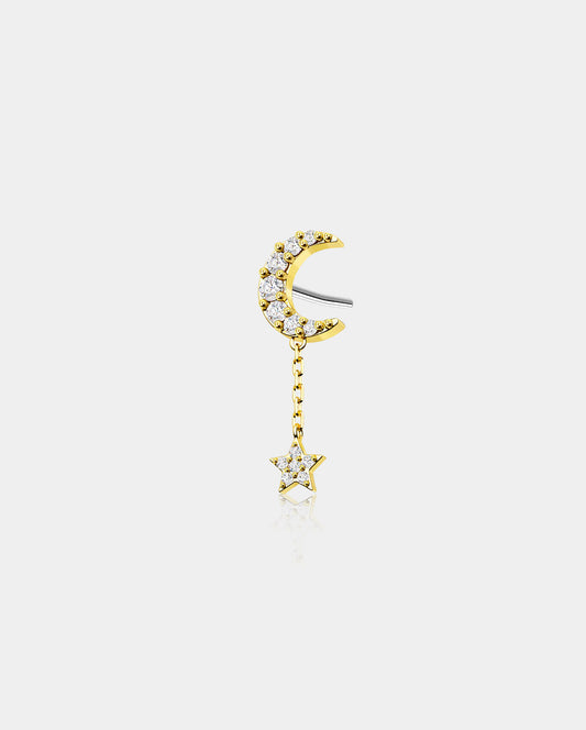 14K Gold Moon & Star Dangle Threadless Helix Earring