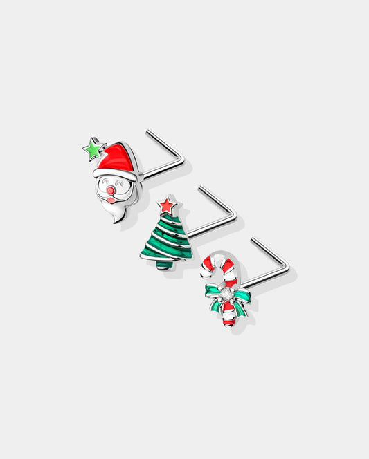 3PCS Christmas Santa/Tree/Candy Cane Nose Studs Pack
