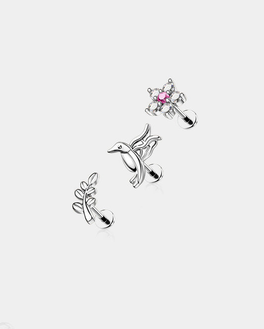 3PCS Bird Flower Internally Threaded Helix Studs