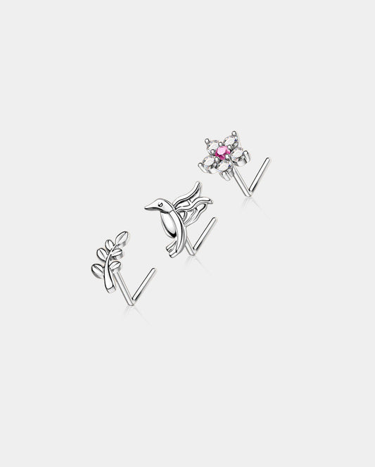 3PCS Flower/Bird/Leaves Nose Studs Set
