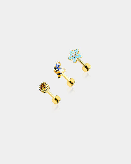 3PCS Bee Flower Honey Helix Stud