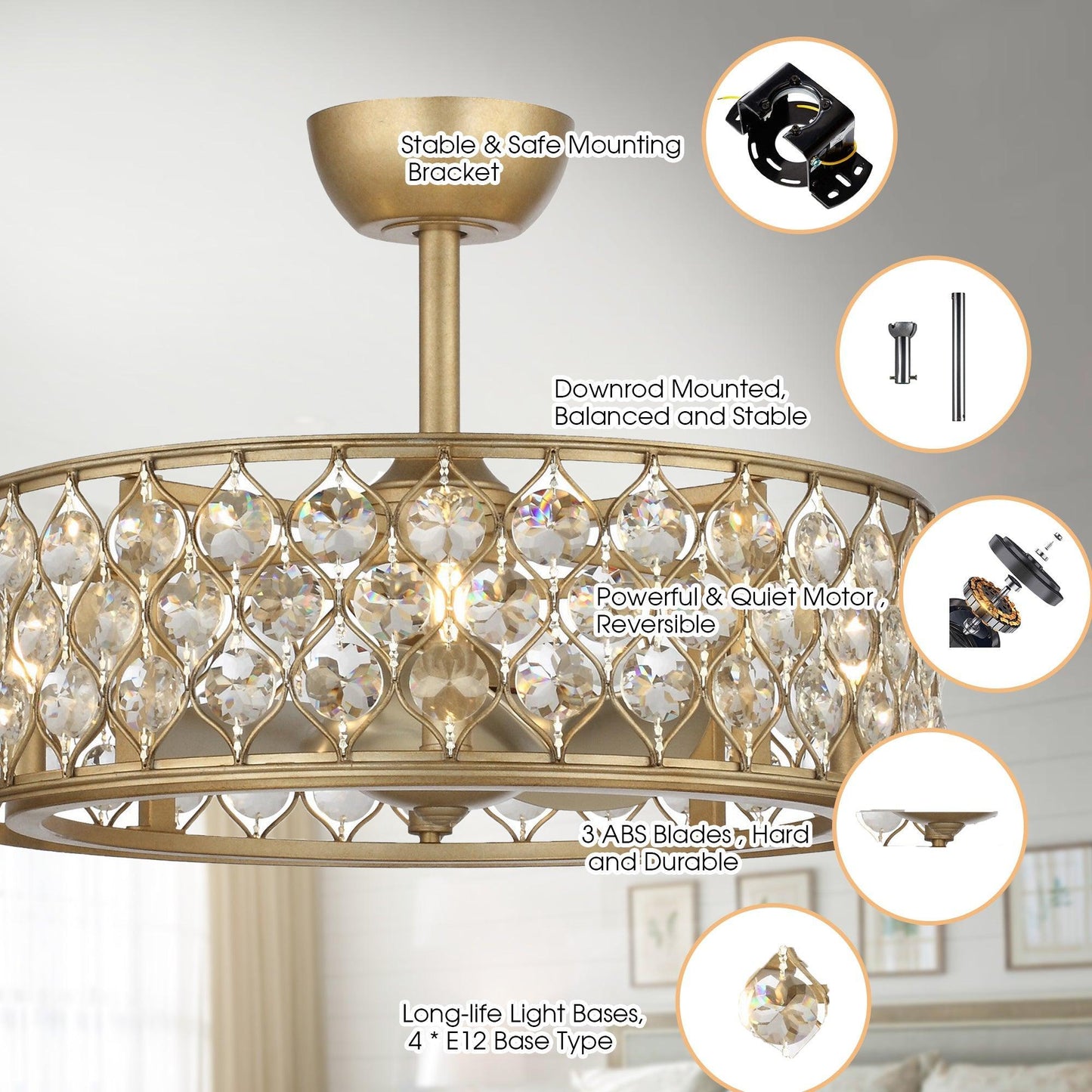 25" Modern Downrod Mount Crystal Fandelier with Lighting and Remote Control