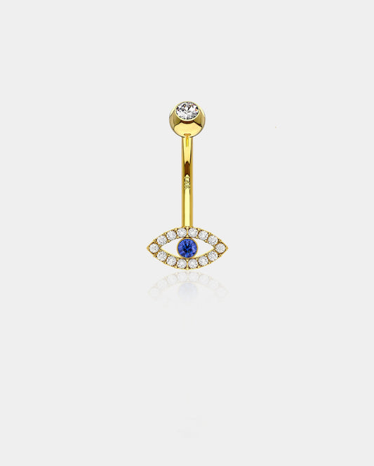 14K Gold Blue CZ Evil Eye Belly Ring