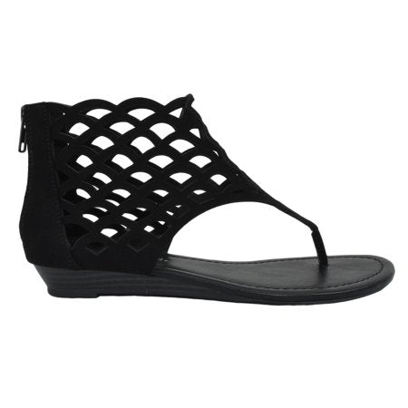 Direst: Thongs Cut Out Gladiator Short Heel Back Zipper Sandal in Black
