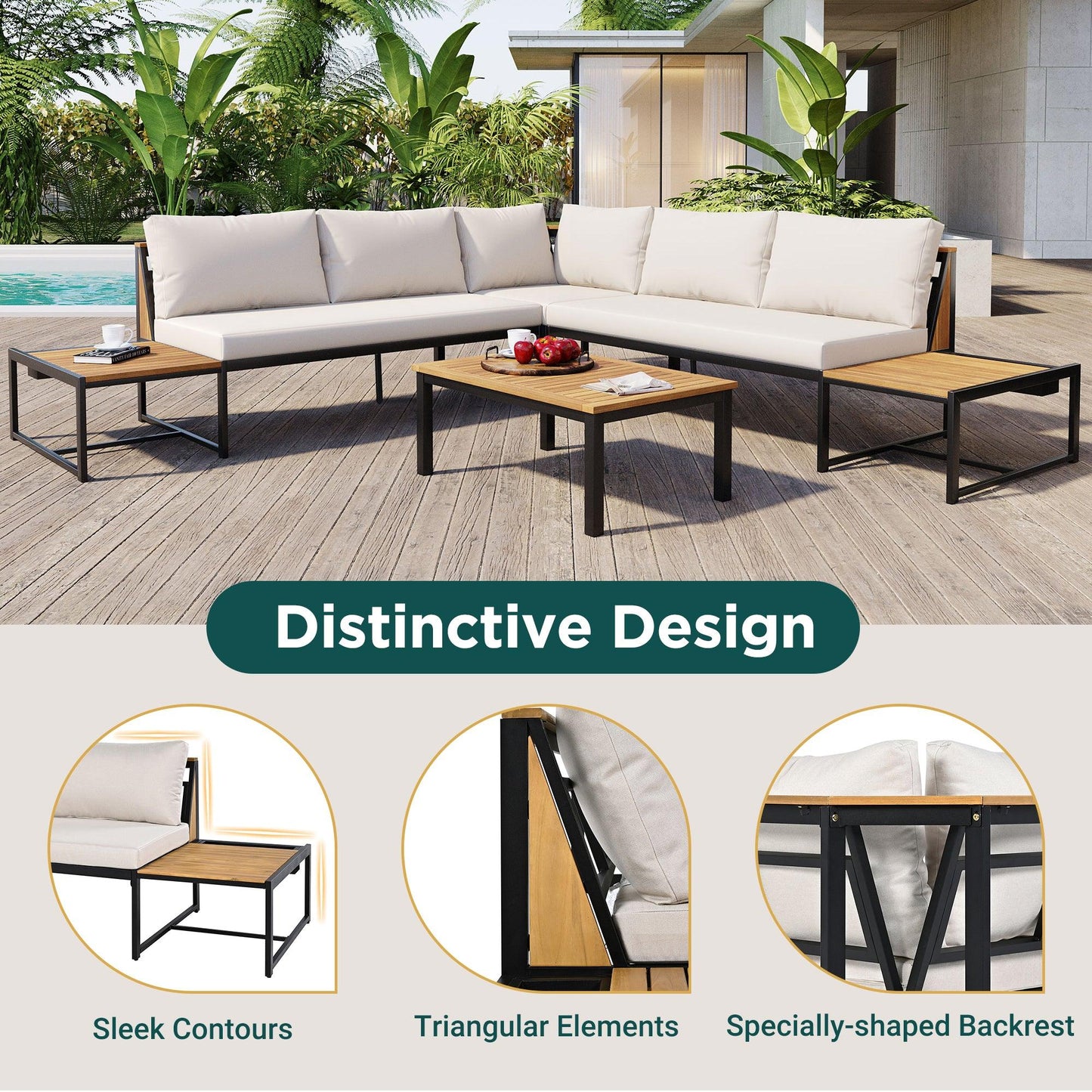 Patio Furniture Set with Loveseats, 4 Pieces Outdoor Sofa Set with Waterproof Cushions, Durable Iron-Wood Design for Garden, Backyard, Poolside