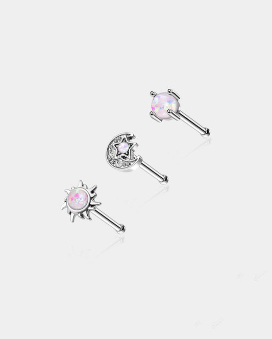 3PCS Opal Moon&Star Nose Studs