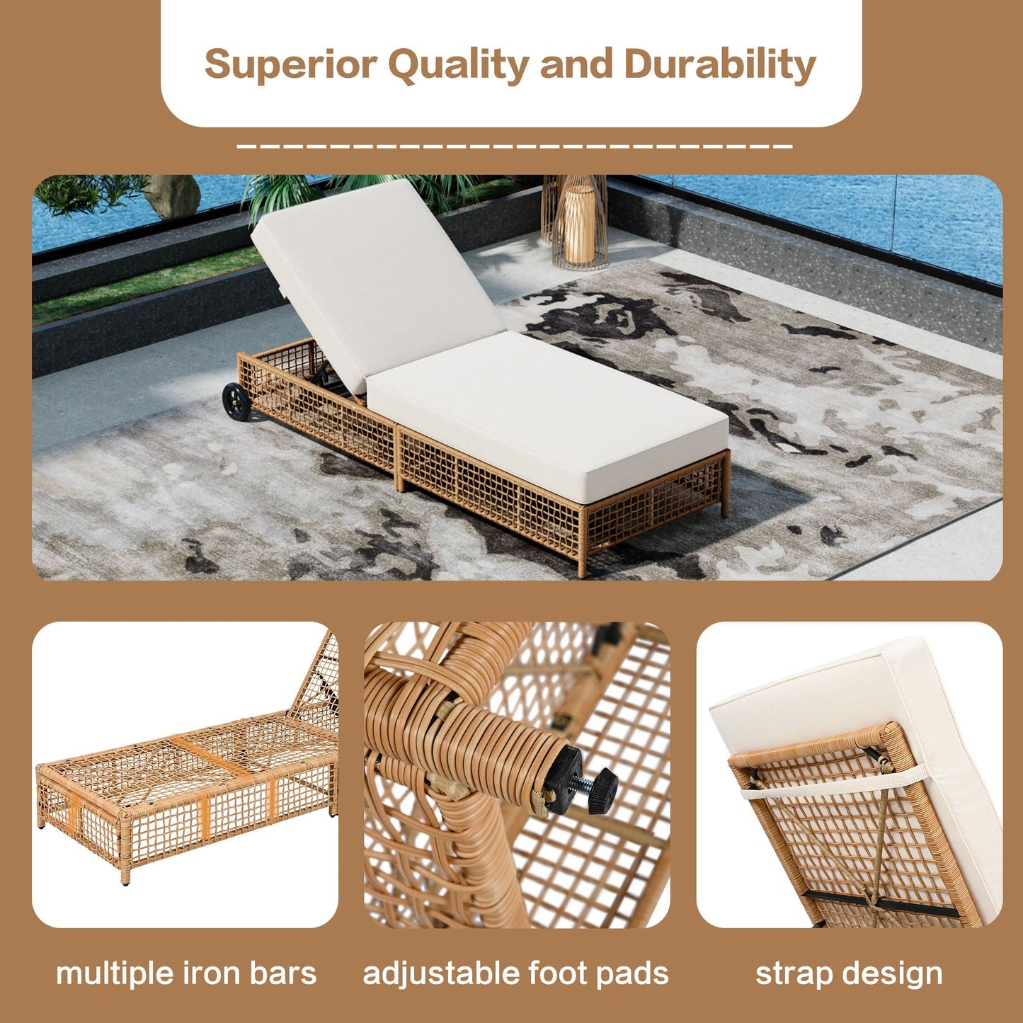 Outdoor Lounge Chair, Patio Chaise Lounge with 5-Position Backrest, Rattan Outdoor Lounge Chair with Cushion and Wheels for Poolside, Backyard, Garden