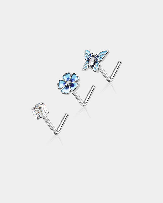 3PCS Flower/Butterfly/CZ Nose Stud Set