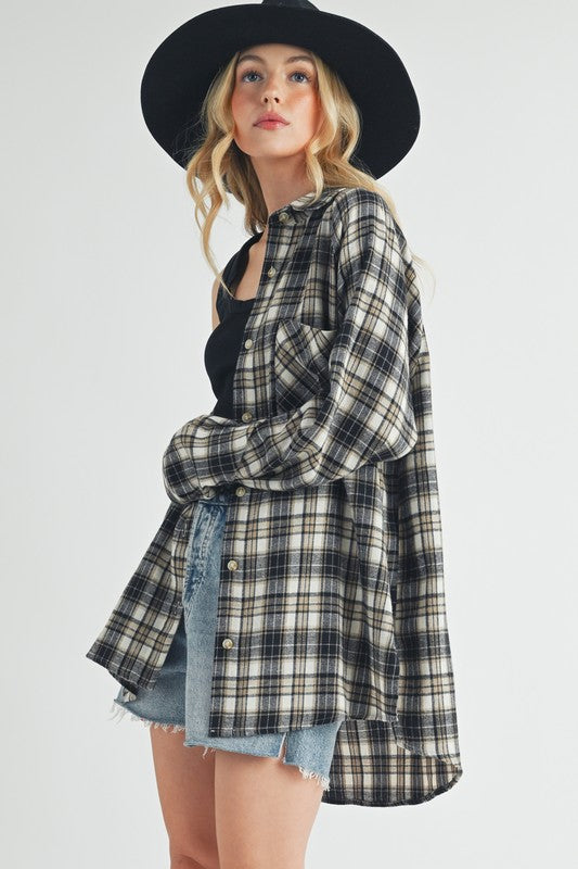 Aemi + Co Plaid Button Up Flannel Shirt with Chest Pocket