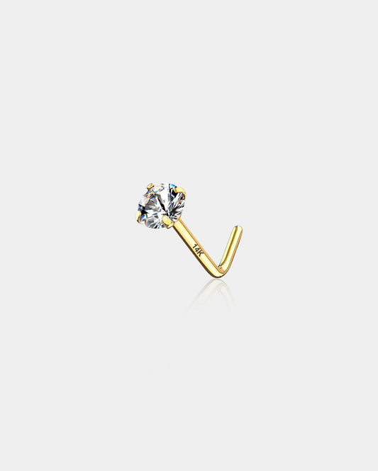 14K Gold Round CZ L-Shape Nose Stud