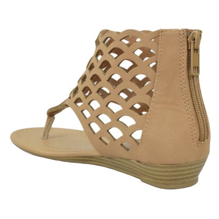Direst: Thongs Cut Out Gladiator Short Heel Back Zipper Sandal in Tan