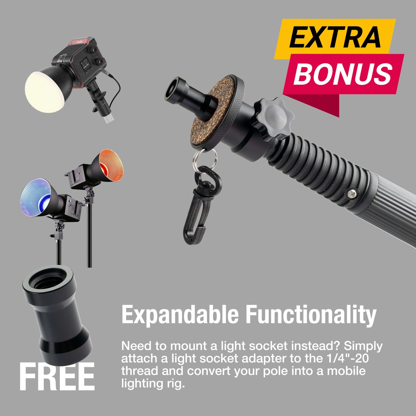 Painter Pole to 1/4"-20 Tripod Mount Adapter with Carabiner – Camera Extension Pole Adapter for Pocket 3, Smartphone Clamp, Action Cameras – High Angle Photo & Video Shooting Tool